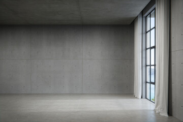 Empty concrete wall with window. 3d rendering of abstract interior space with sea view background.