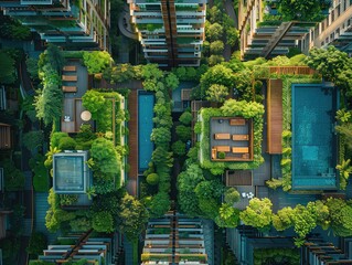 Aerial view of a Lush greenery, city skyline backdrop, rooftop relaxation.