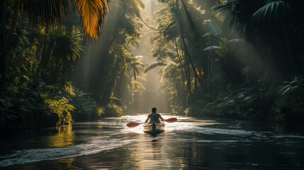 A man paddles a kayak down a river in a jungle - obrazy, fototapety, plakaty