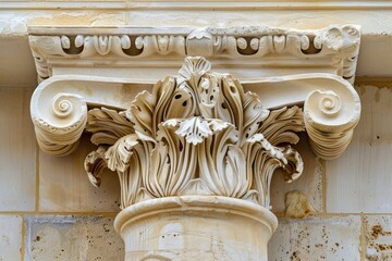 classical architectural detailing, specifically a Corinthian column capital with its distinctive acanthus leaves, showing the elegance and craftsmanship of historical architecture - obrazy, fototapety, plakaty