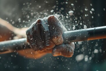 a close-up of a person's hand gripping a weightlifting bar, with chalk dust flying off, emphasizing strength and effort during a workout