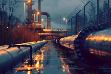 Industrial Pipelines in Twilight with Atmospheric Lighting - 760754693