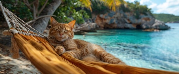 A contented Devon Rex cat lounging in a hammock strung between two palm trees on a tropical island, with crystal-clear turquoise waters stretching to the horizon, Wallpaper Pictures, Background Hd