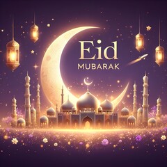  Eid Mubarak premium vector illustration with luxury design. Blue pink gradient eid mubarak background with star and moon. Islamic light design with white Eid Mubarak - obrazy, fototapety, plakaty