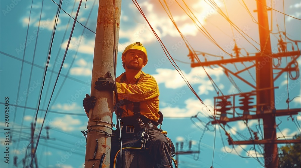 Poster a lineman working in the electrical pole in uniform. generative ai.