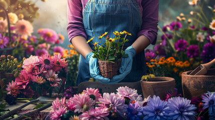 Hands in gloves holding a terracotta pot with lush green plants, amidst a blurred backdrop of colorful blooming flowers in a sunlit garden. - Powered by Adobe