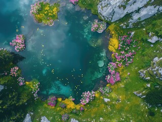 Fototapeta na wymiar Aerial view of a Alpine landscapes, colorful blooms, mountain serenity, natural beauty.