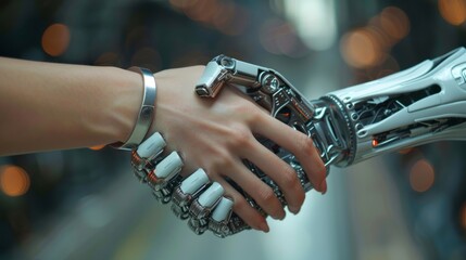Photos of artificial intelligence machines shaking hands with people, AI technology and the concept of business support, remote workers or businesses using AI teams to work together in the office.