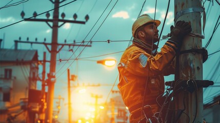 A lineman working in the electrical pole in uniform. Generative AI. - obrazy, fototapety, plakaty