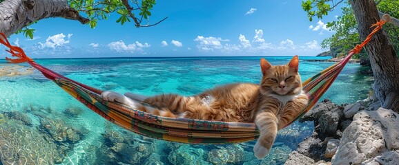 A contented Devon Rex cat lounging in a hammock strung between two palm trees on a tropical island, with crystal-clear turquoise waters stretching to the horizon, Wallpaper Pictures, Background Hd