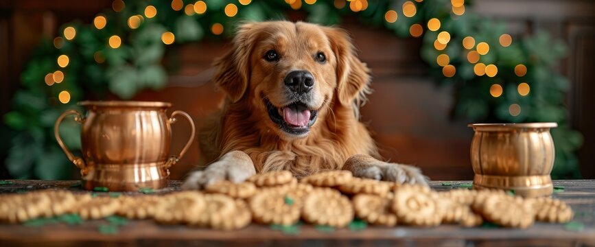 A contented Golden Retriever lounging beneath a rainbow arch, surrounded by pots of gold coins and vibrant greenery, celebrating St Patrick's Day, Wallpaper Pictures, Background Hd