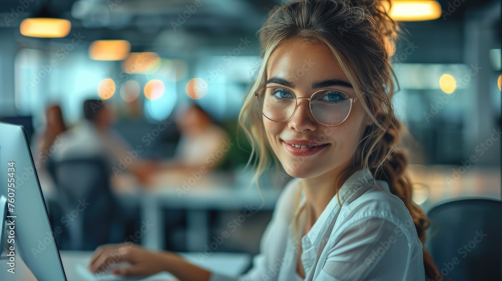 Poster a young businesswoman happily using the computer in a modern office with her colleagues. generative 