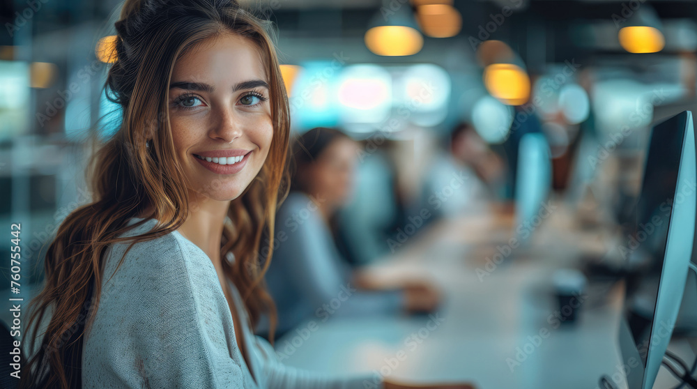 Poster a young businesswoman happily using the computer in a modern office with her colleagues. generative 