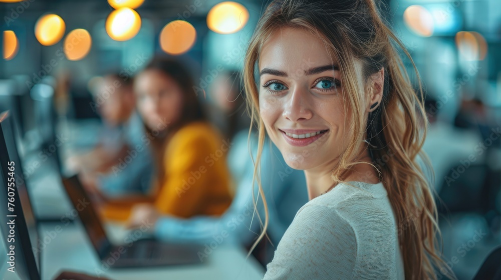 Poster a young businesswoman happily using the computer in a modern office with her colleagues. generative 