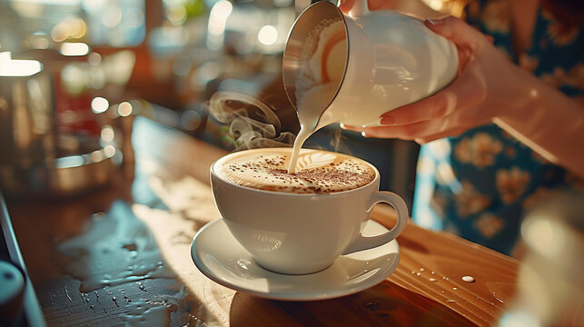 Naklejki Barista pouring milk into coffee