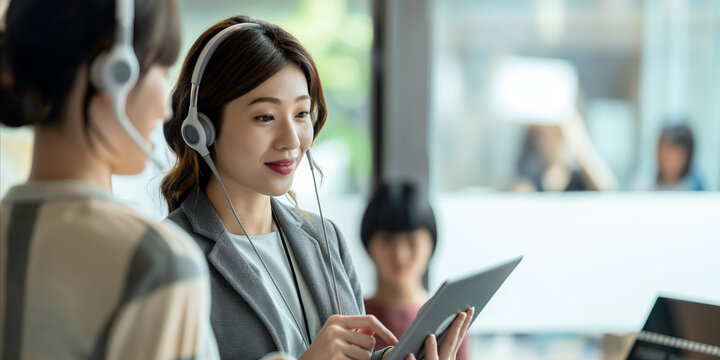 Two women, one wearing a Japanese headset, engaged in a conversation while holding a tablet in an office setting. They appear focused on the screen, possibly discussing work-related matters.
