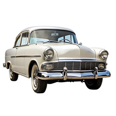 an old car with a chrome bumper and black tire is parked in the desert under a blue sky with white clouds casting