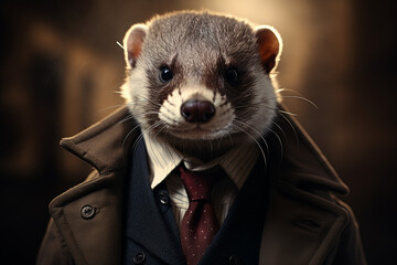 Portrait of a ferret in a suit and tie. Close-up.