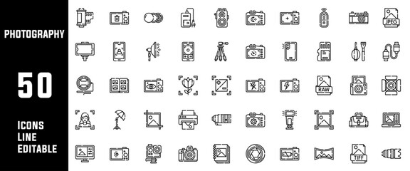50 Photography Icons Set Pack Line Editable Vector Illustration
