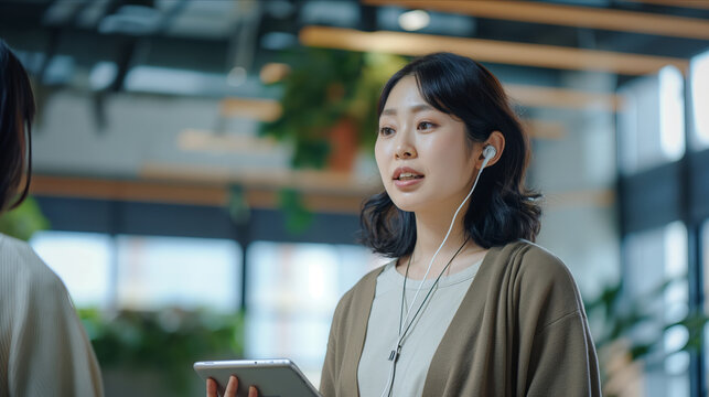 A young Asian woman is holding a smart phone in her hands, looking at the screen with a focused expression. She appears to be using the device for communication or browsing.