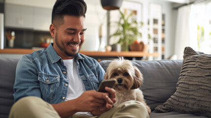 young man sitting on a grey sofa using a smartphone with a small white fluffy dog beside him