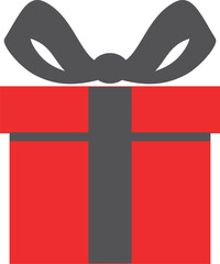 Red present box with black ribbon bow. Gift icon