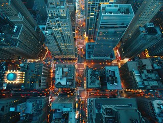 Aerial view of a Towering skyscrapers, city lights, bustling streets.