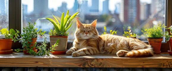 A contented Persian cat lounging in a sunbeam streaming through a window, with a view of a bustling city skyline outside, Wallpaper Pictures, Background Hd - obrazy, fototapety, plakaty