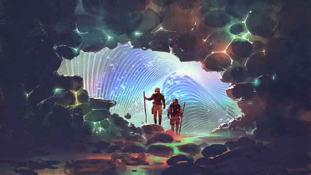 Fototapeta Two explorers walking out of the cave and into another place, digital art style, illustration painting
