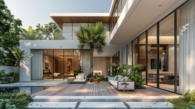A modern architecture style featuring white walls and terracotta tiles, a wooden deck terrace, a glass door leading to a living room interior with a double height space. Generative AI.