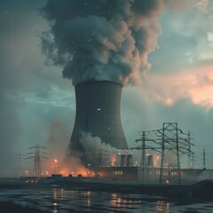 Nuclear Plant in Rainy Twilight - 760757405