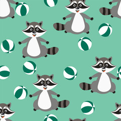 Vector seamless repeating childish pattern with cute raccoon in doodle style. Animals background for invitation, poster, card, flyer, textile, fabric