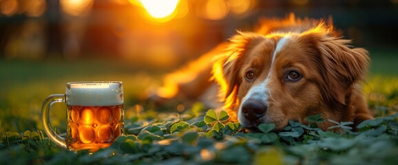 A curious Australian Shepherd sniffing a cluster of four-leaf clovers in a sunlit garden, with a beer mug placed nearby, Wallpaper Pictures, Background Hd - obrazy, fototapety, plakaty