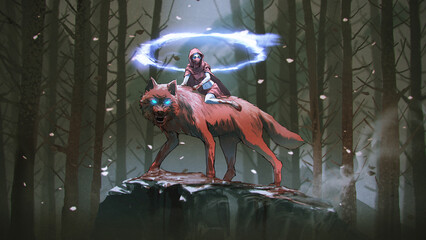 young womwn in a red hood sits on the back of a red wolf, digital art style, illustration painting © grandfailure