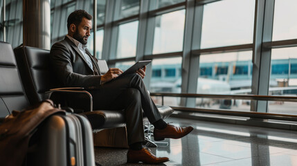 Businessman in a suit sitting at an airport terminal
