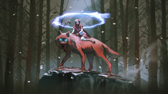 Fototapeta young womwn in a red hood sits on the back of a red wolf, digital art style, illustration painting