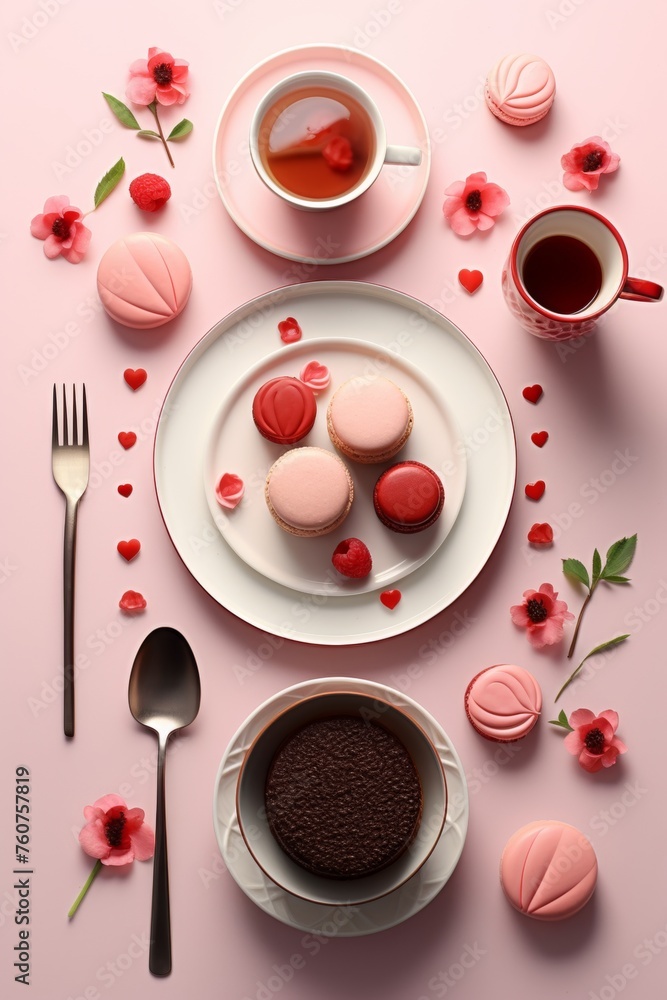 Poster product presentation for a selection of valentines day desserts using a minimalist flat lay ai gener