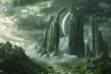Mystical Alien gates fantasy. Travel world science. Generate Ai