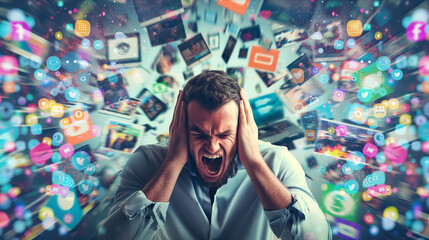 Stressed screaming man with overuse of social media surrounded by internet icons, internet addiction concept