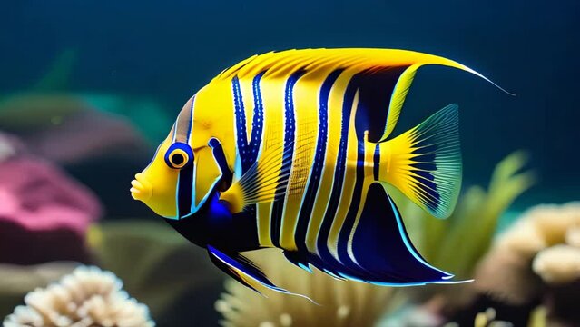 Queen angelfish (Holacanthus ciliaris), also known as the blue angelfish, golden angelfish or yellow angelfish underwater in sea with corals in background. Isolated closeup.