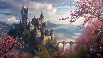 Enchanted Castle Amidst Spring Bloom - obrazy, fototapety, plakaty