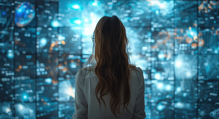 A woman watches holograms on a screen. Business technology. System engineering. Generative AI.