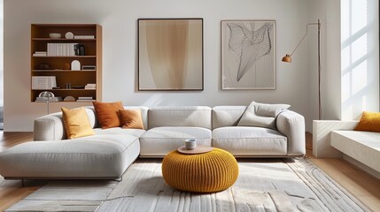 Sleek minimalist living room with plush seating and pops of color creates a modern haven.