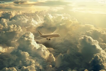 Plane Soaring Above Sunlit Clouds