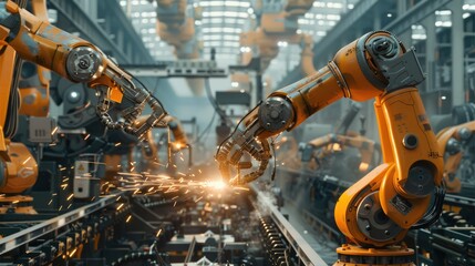 A giant futuristic robotic factory assembly line with towering machines, and sparks flying from welding robots. Generative AI.