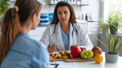 focused female doctor discussing nutrition with a patient, with fresh fruits and vegetables on the table
