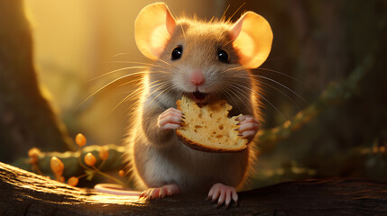 Close-up portrait of an adorable mouse delightfully nibbling on a slice of bread