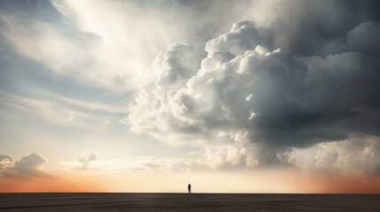 Silhouette of a lone man looking at a dark cloud on the horizon, symbolizing anticipation of difficult times ahead