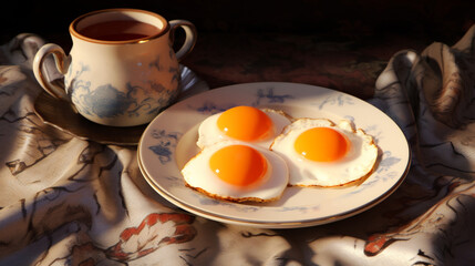 Close-up of delicious fried eggs served on a plate alongside a cup of tea
