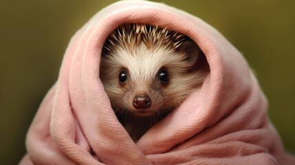 Close-up of an adorable rescued hedgehog wrapped in a cozy blanket